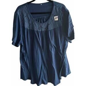 WOMENS pLUS SIZE 22W SHORT SLEEVE SHIRT BLUE‎ LACE ROUND NECK LINE PRETTY SHIRT